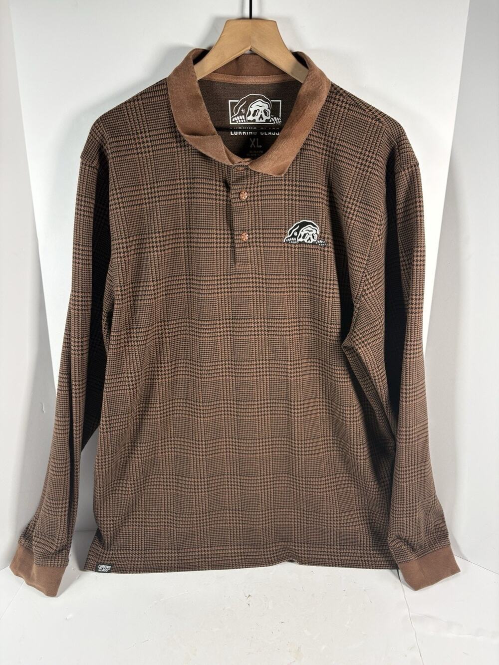 Lurking Class Sketchy Tank Burnout Brown Plaid Long Sleeve Polo Shirt Mens XL